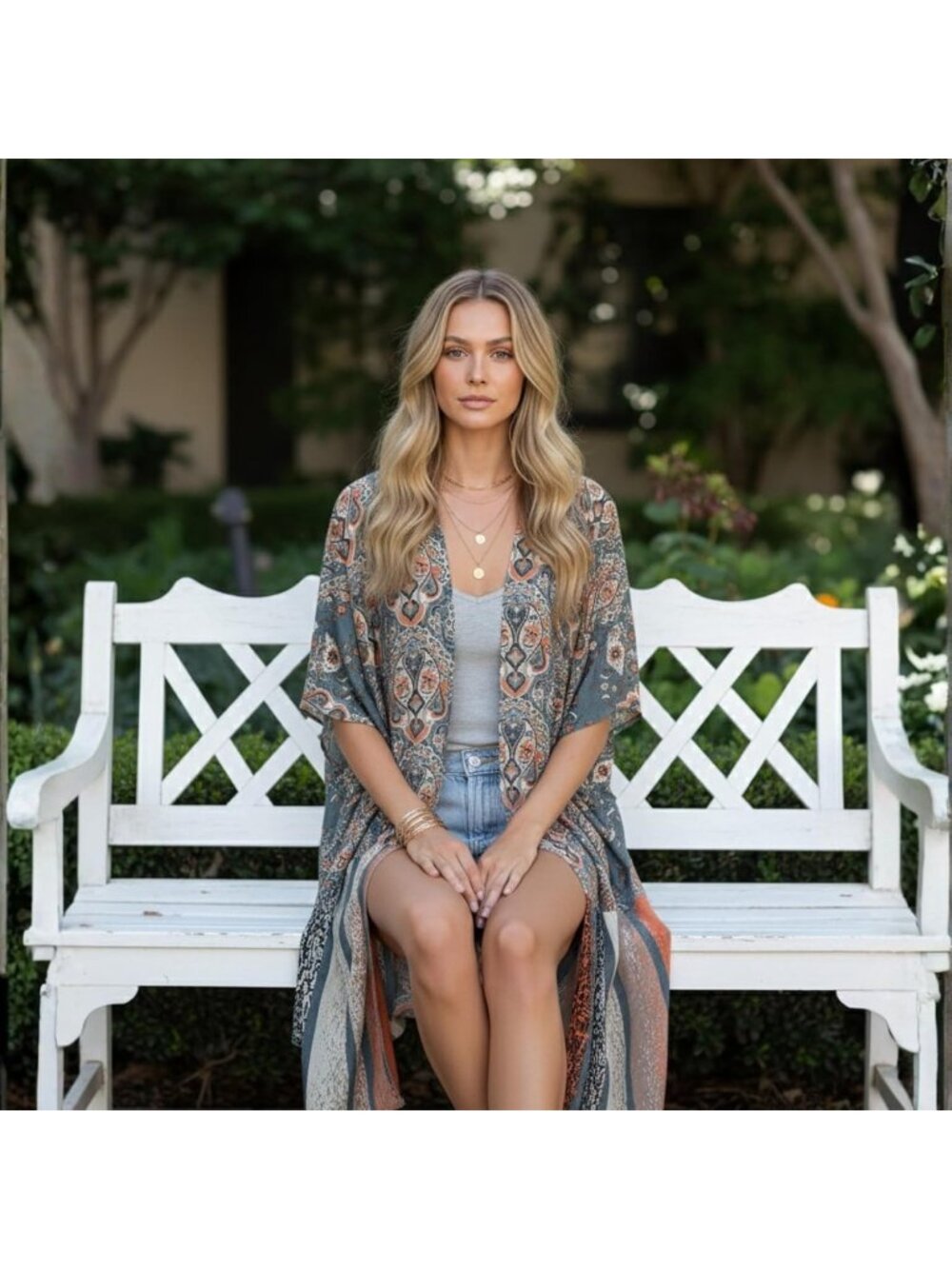 Women Rz Misty Blue Viscose Summer Lightweight Boho Kimono Cardigan Cover up - Picture 5 of 6